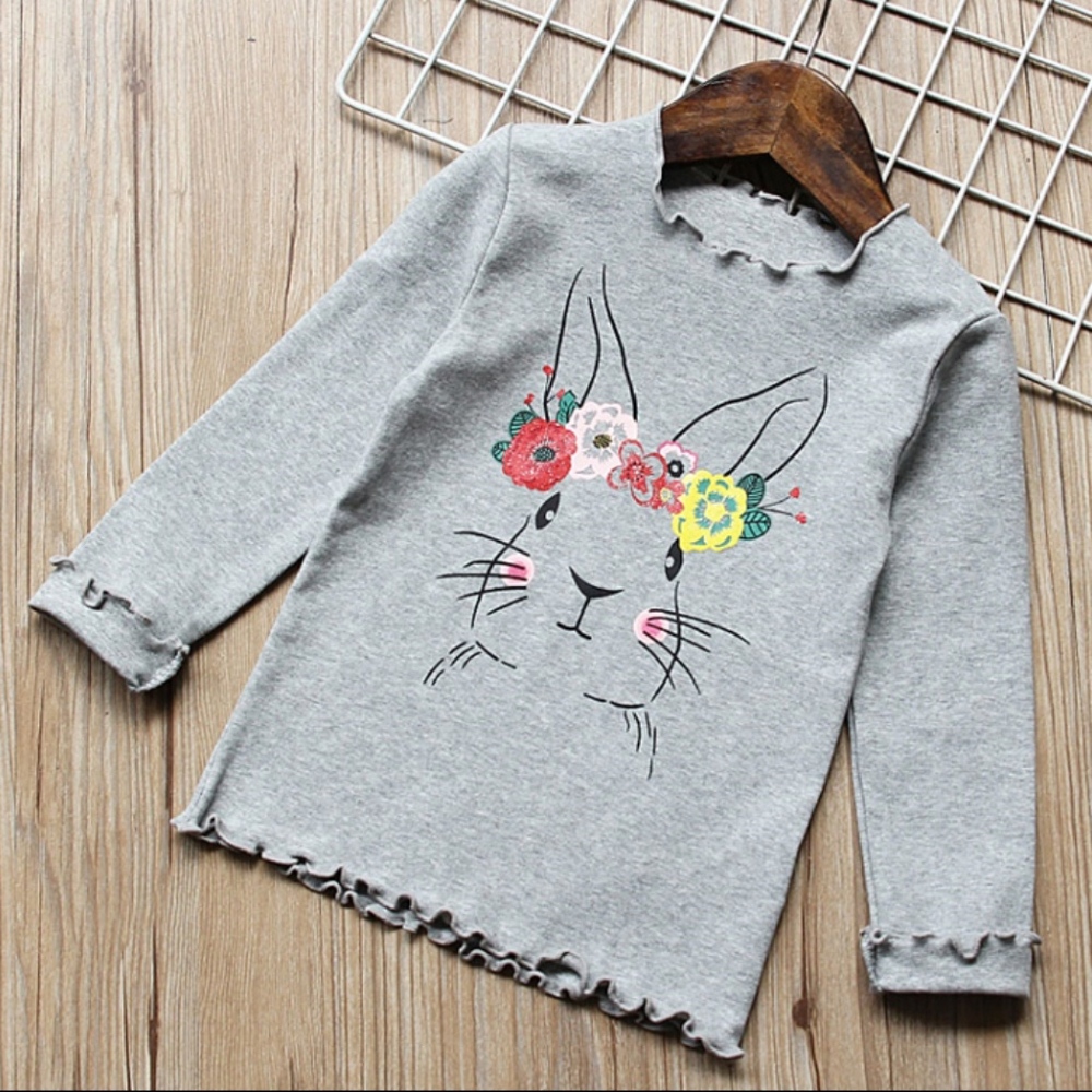 Long Sleeve Ruffle Rabbit Graphic Top Gray Tshirts